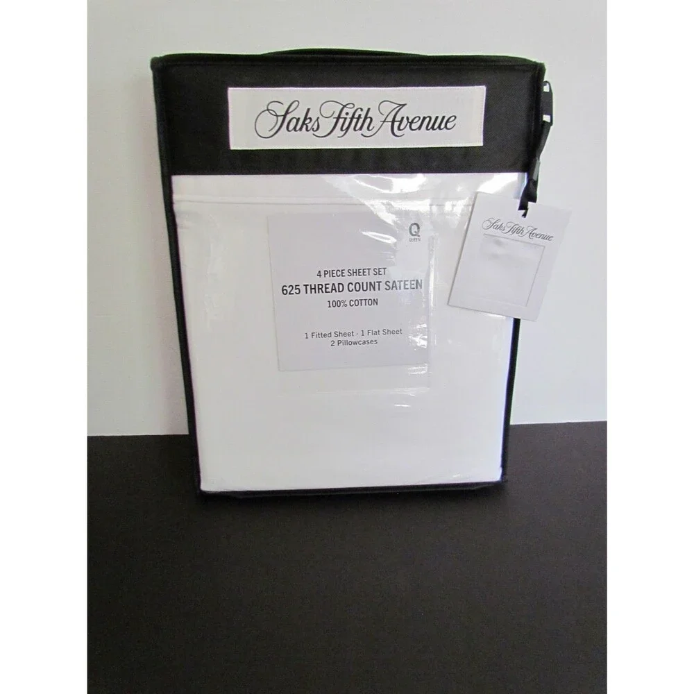 Saks Fifth Avenue Queen 100% Cotton Sateen Sheet Set White 625 TC New